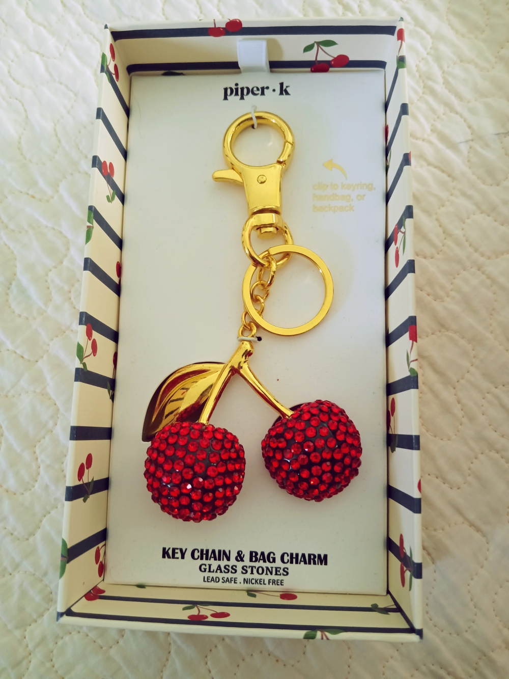 Piper•K Red Crystal Cherry Keychain with Gold Hardware